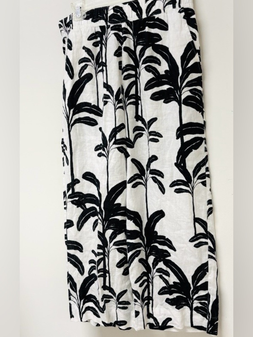 Tahari White Linen Wide Leg Black Tropical Leaf Print Pants XL Elastic Pull On - Picture 3 of 10